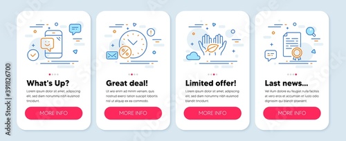 Set of Business icons, such as Loan percent, Smile, Fair trade symbols. Mobile screen banners. Certificate diploma line icons. Discount, Phone feedback, Safe nature. Document file. Vector