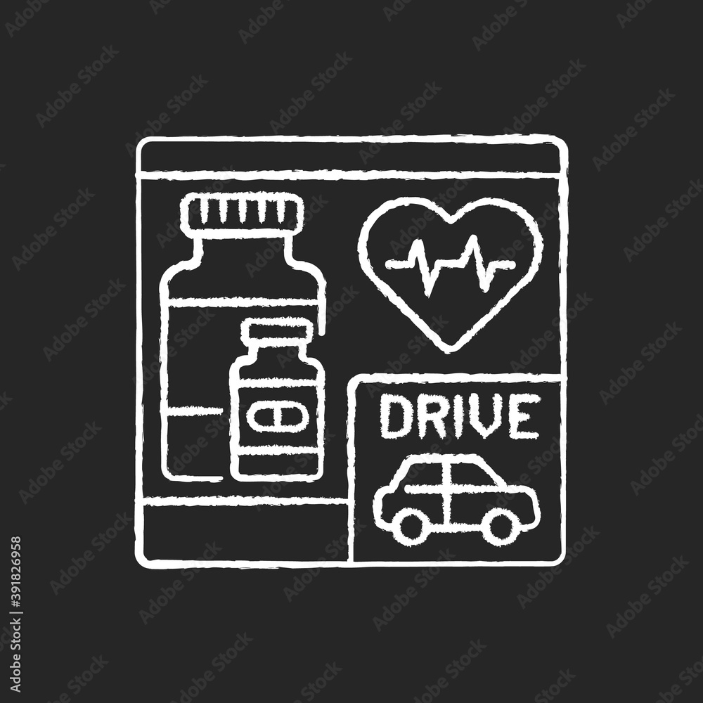 Drive through pharmacy chalk white icon on black background. Express drugstore. Medication store with transport lane. Car near medical shop. Isolated vector chalkboard illustration Drive through pharmacy chalk white icon on black background. Express drugstore. Medication store with transport lane. Car near medical shop. Isolated vector chalkboard illustration