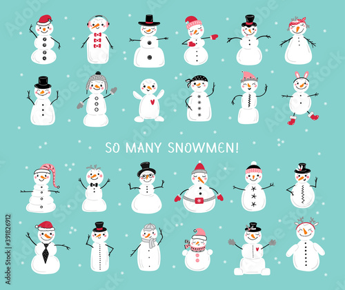 Vector Set of Cute Snowmen. Cartoon Funny Snowman Collection. Winter Holidays, Christmas and New Year Design