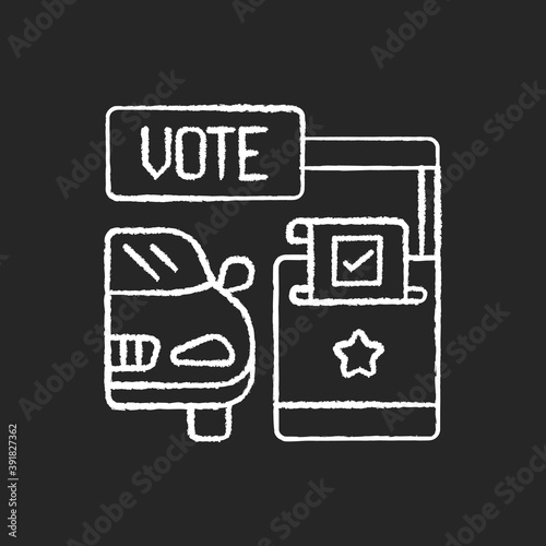 Drive through voting booth chalk white icon on black background. Polling station. Express election service. Driver voter in car. Transport lane. Isolated vector chalkboard illustration
