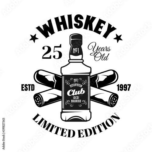 Whiskey bottle and crossed cigars vector emblem