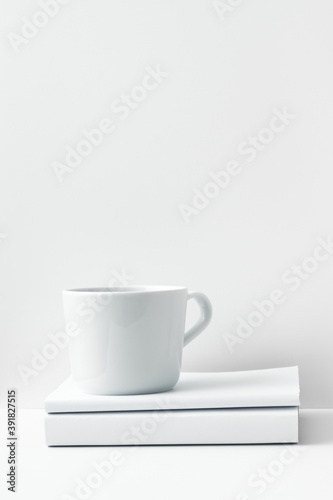 The mug stands on a stack of books on a white background. Natural and eco-friendly materials. Copy space, mock up.