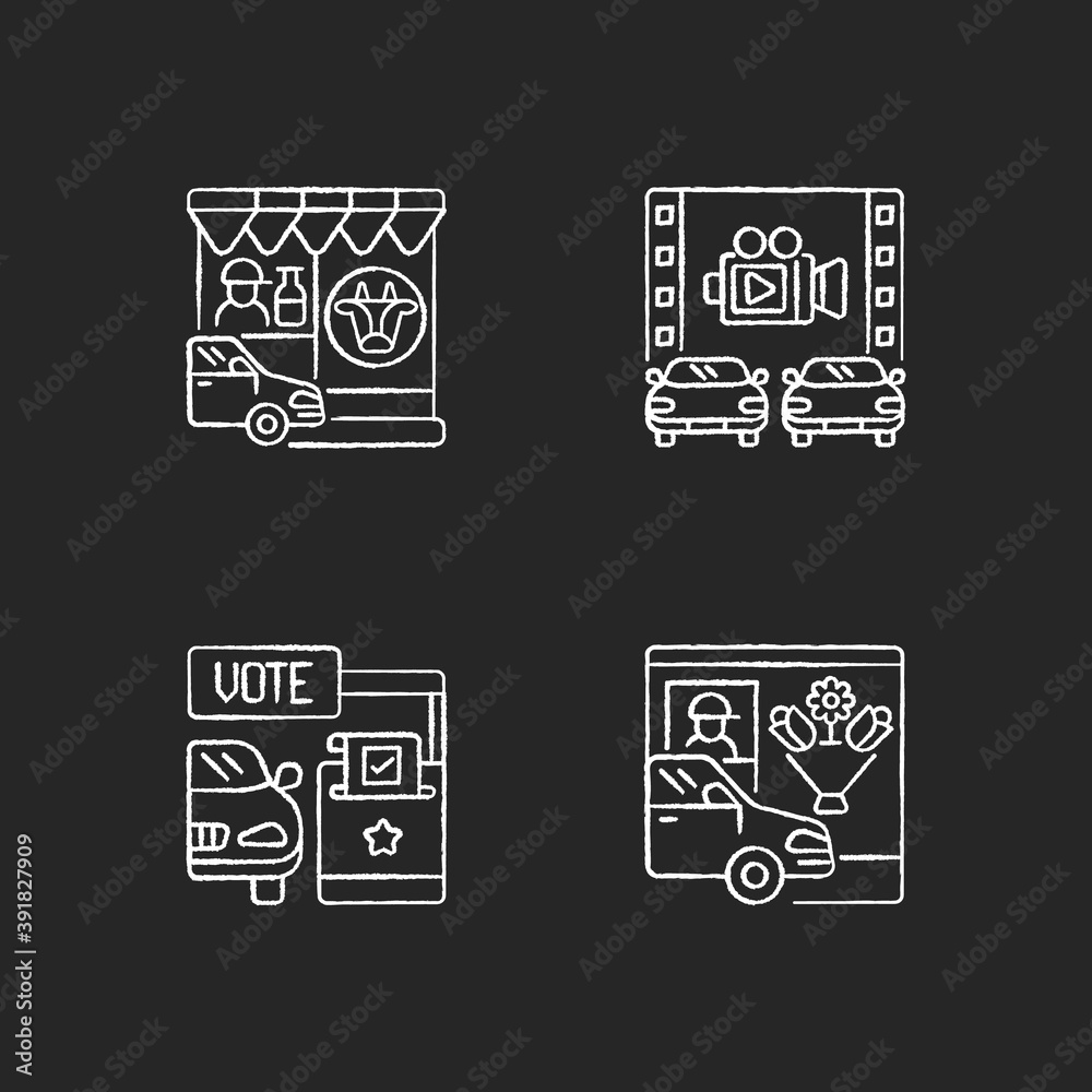 Drive in services chalk white icons set on black background. Dairy store. Takeaway food, drink takeout. Movie theater. Vote booth. Flower shop. Drive through. Isolated vector chalkboard illustrations Drive in services chalk white icons set on black background. Dairy store. Takeaway food, drink takeout. Movie theater. Vote booth. Flower shop. Drive through. Isolated vector chalkboard illustrations