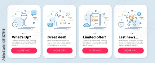 Set of Business icons, such as Algorithm, Bordeaux glass, Document signature symbols. Mobile screen banners. Shopping cart line icons. Developers job, Wine glass, Agreement file. Discount. Vector