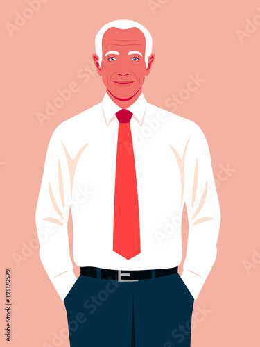 An elderly man holds his hands in his pants pockets. A happy self confident businessman. An experienced politician smiles. Vector flat illustration