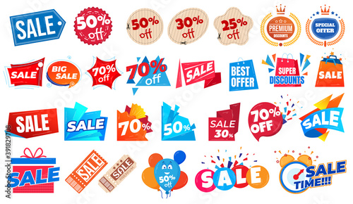 Super sale offer and discount prices and coupons banners set of vector illustration. Shopping promotion stickers for business. Special price advertising tags. End of season sale badges.