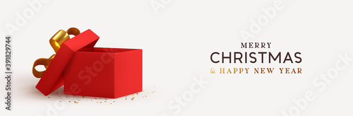 Christmas red Empty Open gift box template. Xmas design Realistic decorative objects. Sale banner, surprise poster, flyer and brochure. mock up holiday. Celebrate birthday, anniversary, wedding.