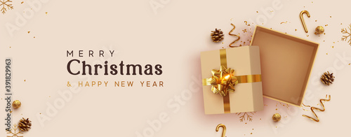 Christmas Empty Open gift box template. Xmas design Realistic decorative objects. Sale banner, surprise poster, flyer and brochure. mock up holiday. Celebrate birthday, anniversary, wedding. flat lay.
