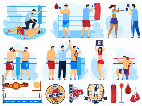 Boxer training sport, boxing set of vector illustrations. Box athlete, sparring referee announces victory, boxer punching bag, knockdown and professional sportsman with champion's belts. Boxing logos.