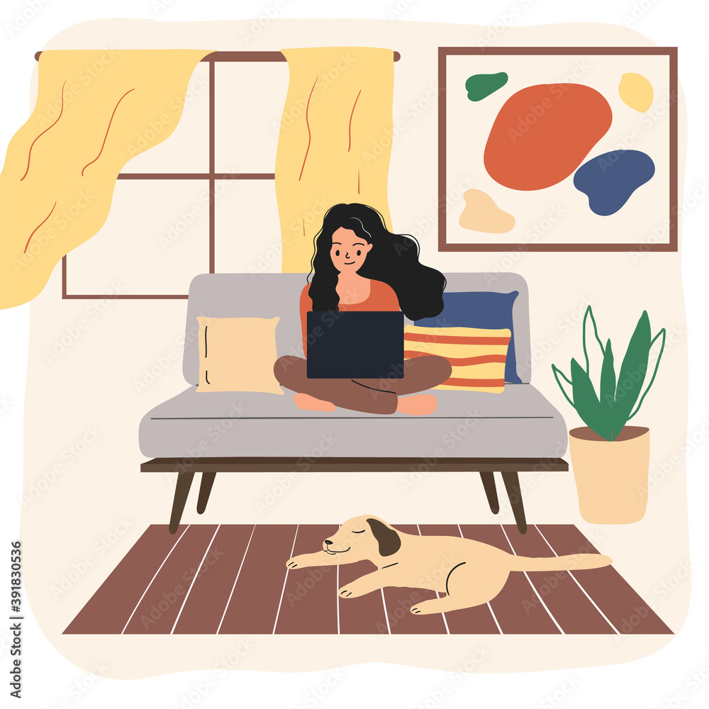 Fototapeta premium Woman stay home under the epidemic of corona virus outbreak and freelance working online at home and the dog is sleeping on the carpet.