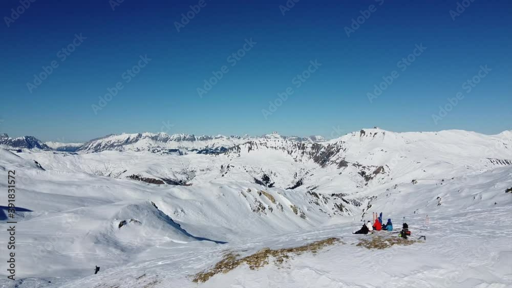 Drone video from the french alps of Les Contamines. Close to Mont Blanc. Skiing randonee style. Drone video from the french alps of Les Contamines. Close to Mont Blanc. Skiing randonee style.