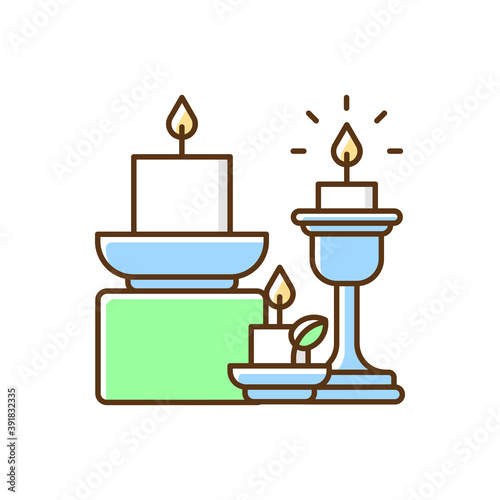 Candles and candle holders RGB color icon. Soft and cozy style. Lanterns, sconces, candlesticks. House decor and interior design. Enjoying scents. Home furnishing idea. Isolated vector illustration