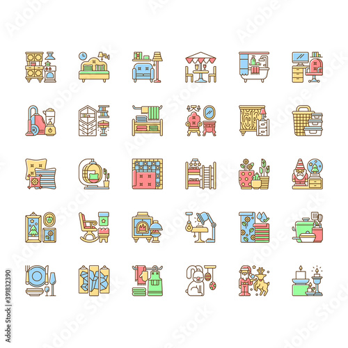 Home and living RGB color icons set. House decorations. Contemporary style. Kitchen appliances. Home textile. Living room and bedroom furniture. Storage containers. Isolated vector illustrations