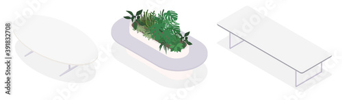 Set of isometric tables. Vector collection. Illustration in flat design.