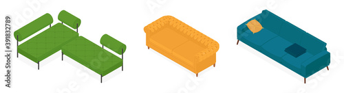 Set of isometric sofas. Vector collection. Illustration in flat design.