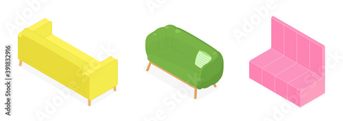 Set of isometric sofas. Vector collection. Illustration in flat design.