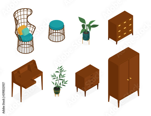 Set of isometric furniture. Vector collection. Illustration in flat design.