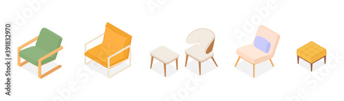 Set of isometric armchairs. Vector collection. Illustration in flat design.