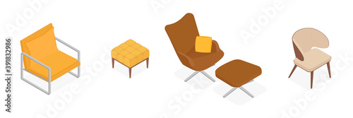 Set of isometric armchairs. Vector collection. Illustration in flat design.
