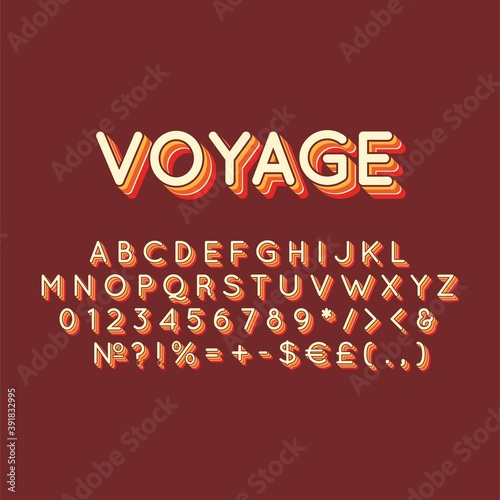 Voyage vintage 3d vector alphabet set. Retro bold font, typeface. Pop art stylized lettering. Old school style letters, numbers, symbols pack. 90s, 80s creative typeset design template