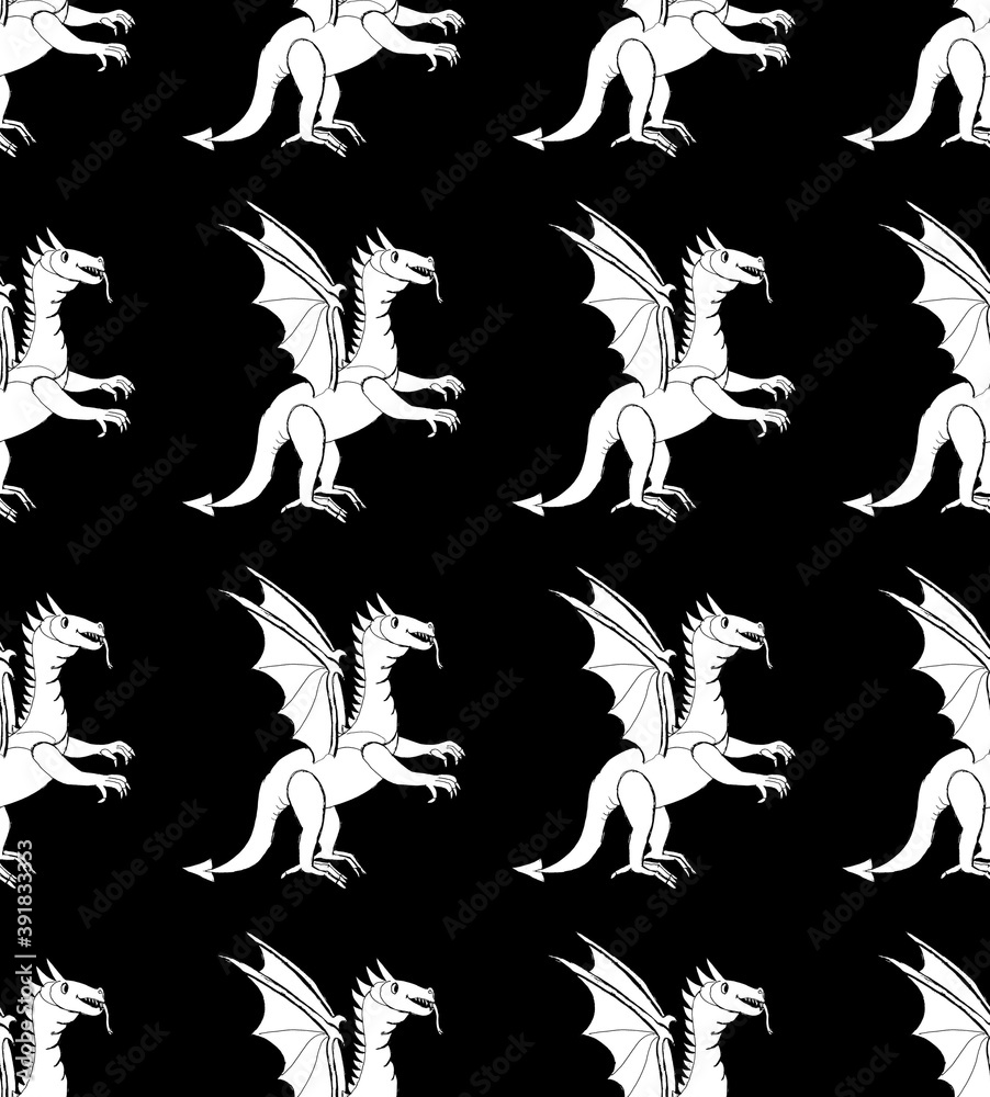 Obraz premium Seamless decorative pattern with silhouettes of dragons in a black and white colors