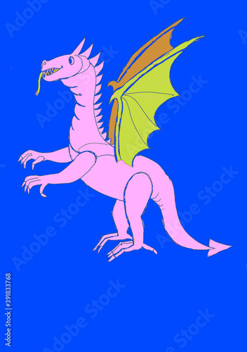 Drawing of digital dragon in a bright colors and pop art style