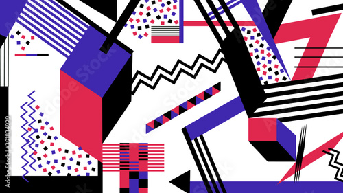 Geometric abstract memphis modern background design. Pink, blue black and white color geometric shapes retro style vector design