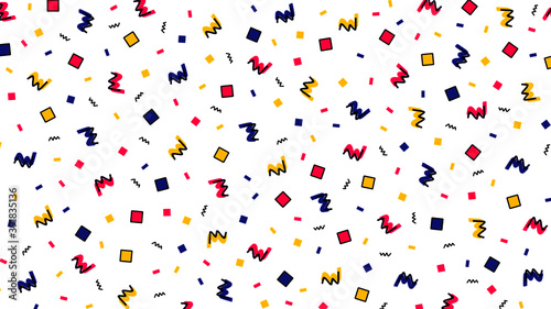 Memphis geometric funky colorful vector design. Seamless creative hipster vivid colors geometric wallpaper, festive vector background for wrapping paper, banner, poster or placard graphic web design