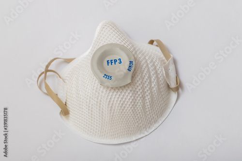 FFP 3 respirator for use against Covid-19 coronavirus virus. Isolated on white background.