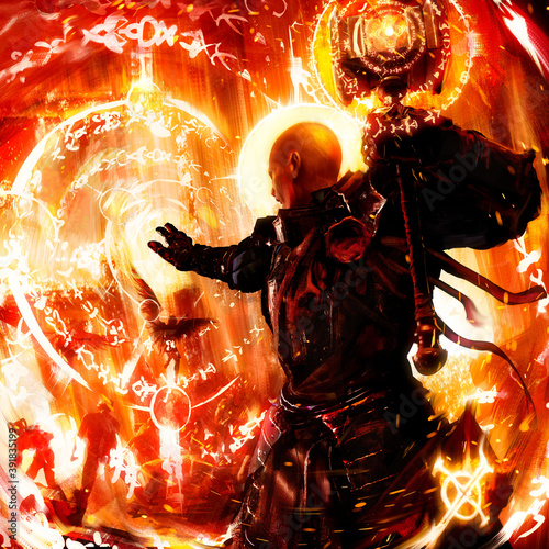 A silhouette of a bald cleric with a hammer and a halo around his head, he casts a protective spell right in front of him trying to hold back the hordes of demons escaping from hell. 2d illustration.