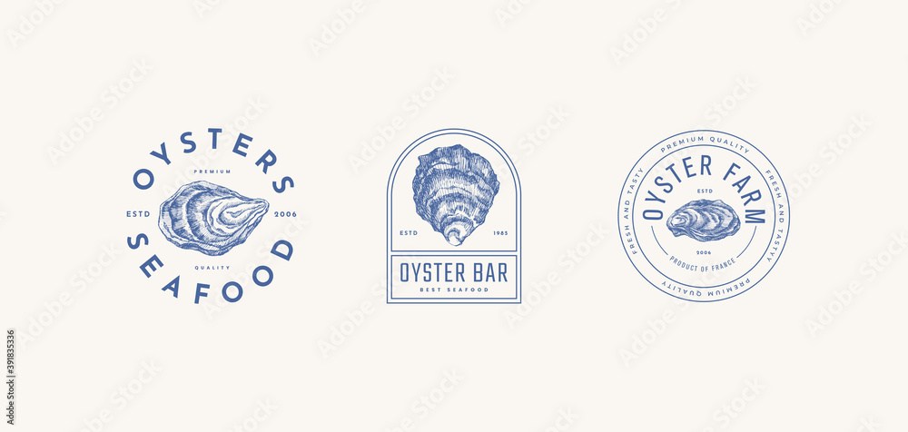 Set of logo templates for the menu of a fish restaurant, oyster farm or seafood store. Hand-drawn oyster shells vector illustration. Emblems of delicacies in the engraving style on a light background.