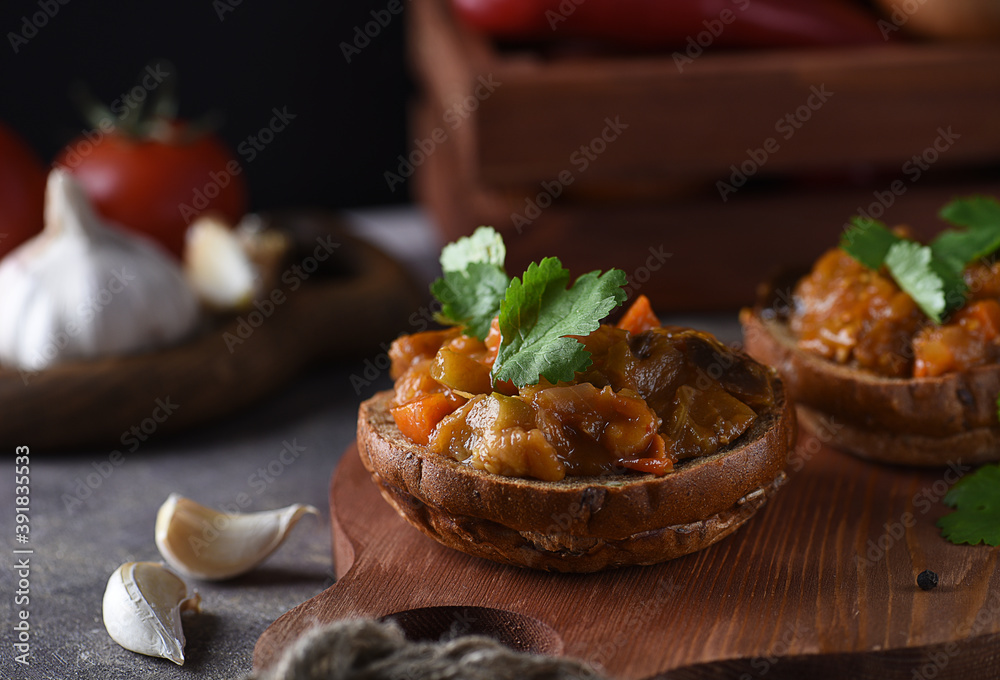 Delicious vegetable caviar for a snack.
Delicious vegetable caviar for a snack.