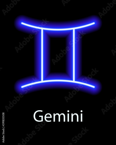 Blue neon zodiac sign Gemini with caption. Predictions, astrology, horoscope.