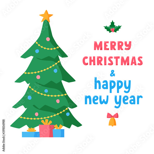 Merry Christmas and Happy New Year lettering with decorated Christmas tree and gifts. Greeting text for winter holidays. Phrase for banners  cards  posters  stickers with decoration. Vector 
