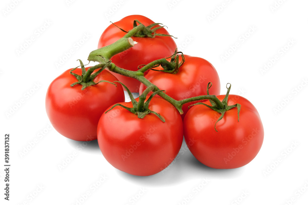 Branch with red tomatoes isolated on white background, top view. Branch with red tomatoes isolated on white background, top view.