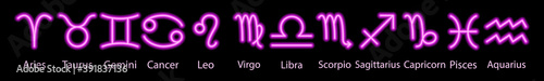 Set of pink neon zodiac signs with captions. Predictions, astrology, horoscope.
