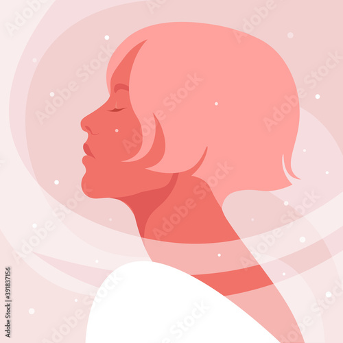 Portrait of a young woman with closed eyes. Side view. Profile with snow. Christmas and winter holidays. Vector illustration in flat style.