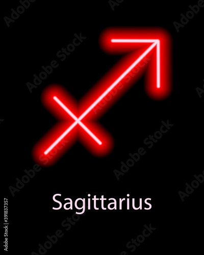 Red neon zodiac sign Sagittarius with caption. Predictions, astrology, horoscope.