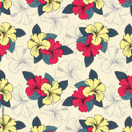 Seamless pattern with hibiscus flower, Hibiscus flower Pattern with light background, Beautiful pattern design