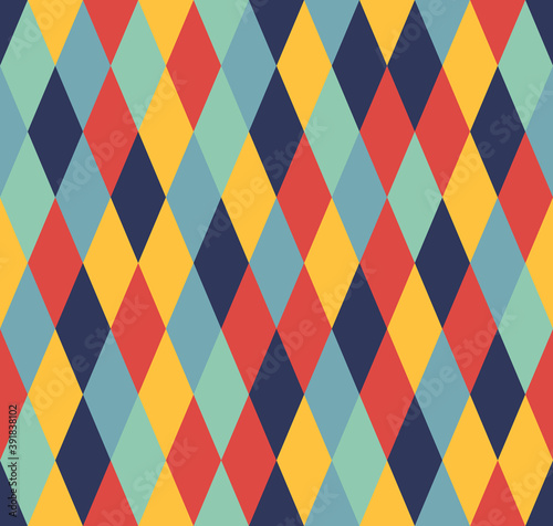 Geometric shape diamond cross-cut seamless pattern. Colorful style, blue, light blue, yellow, red, teal. Abstract background. Vector illustration.
