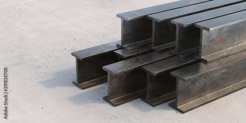 Steel beams stack on cement concrete background. 3d illustration photo