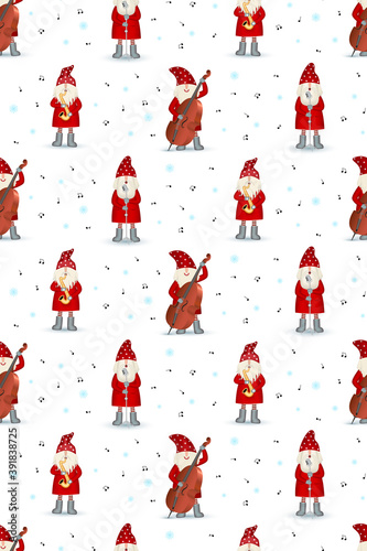 Canvas Print Seamless pattern musician Santa Claus in red coat, musician with musical instruments and note on white background