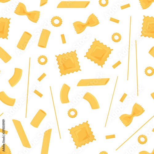 Pasta vector seamless pattern. Different types italian pasta. Spaghetti, ravioli, penne, farfalle, noodles, macaroni. Food background.