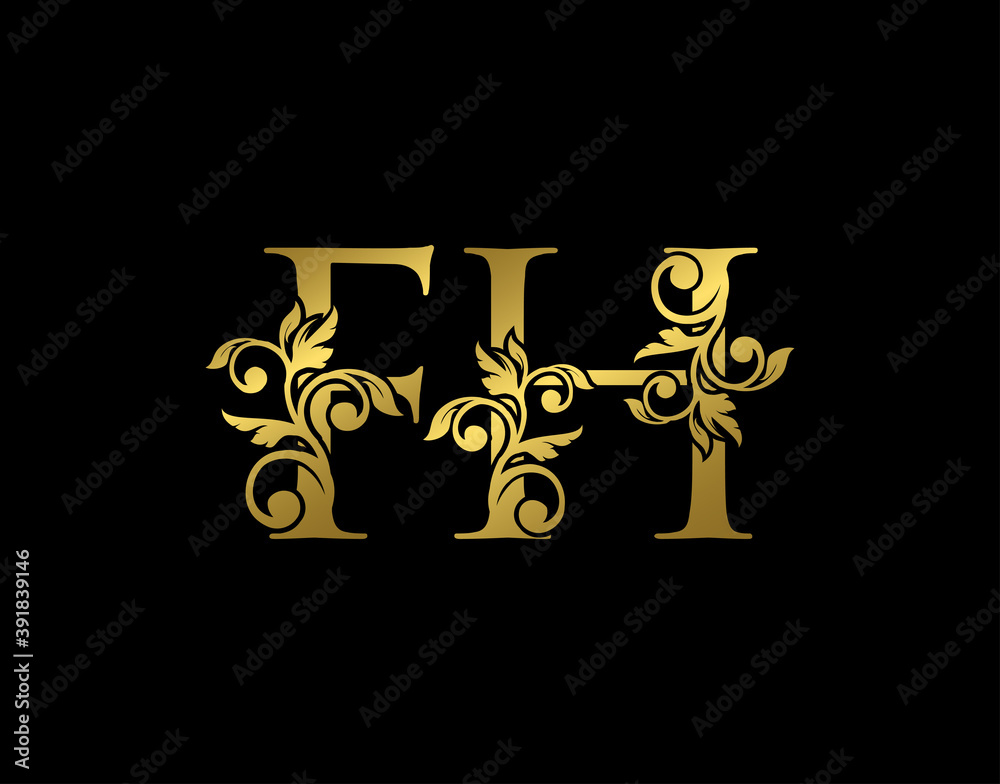 Gold F, H and FH Luxury Letter Logo Icon. Graceful royal style. Luxury golden alphabet arts logo. Gold F, H and FH Luxury Letter Logo Icon. Graceful royal style. Luxury golden alphabet arts logo.