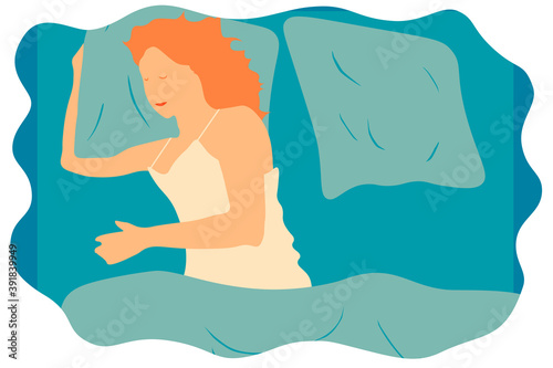 Woman sleeping on bed. Good dreams. Single woman resting time. Comfortable relaxation vector illustration.