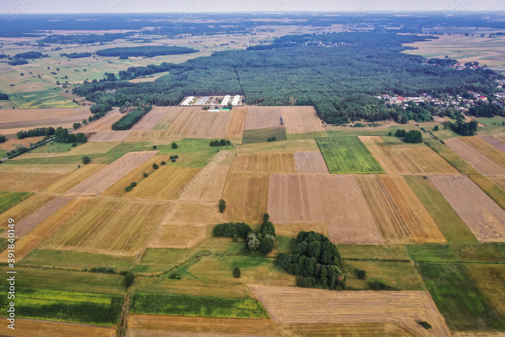 Drone aerial view of fields around small Jaczew village, Gmina Korytnica, Mazovia Province of Poland