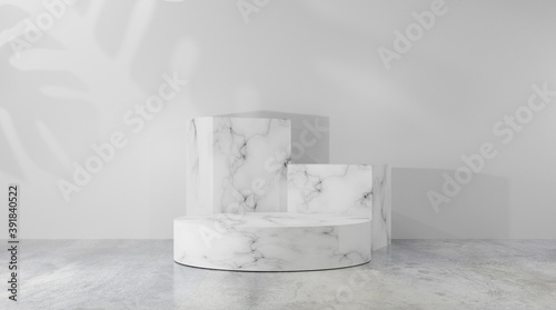 3d rendering White marble Square shape circle podium luxurious style, concept scene stage showcase Platforms for product presentation, leaf shadow background.composition design, minimal