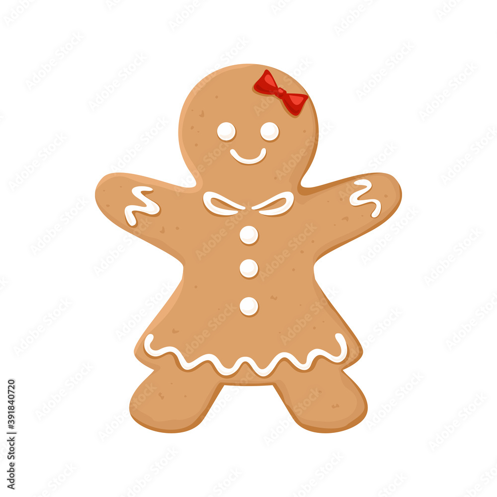 Obraz premium Christmas homemade gingerbread girl. Festive cookies isolated on white background. Vector illustration in cartoon flat style. Decoration for the holiday.
