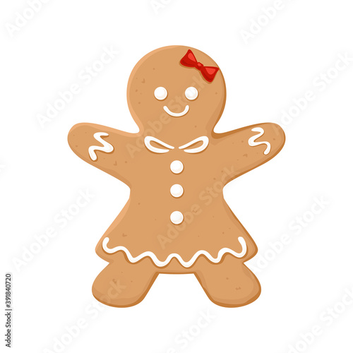 Christmas homemade gingerbread girl. Festive cookies isolated on white background. Vector illustration in cartoon flat style. Decoration for the holiday.