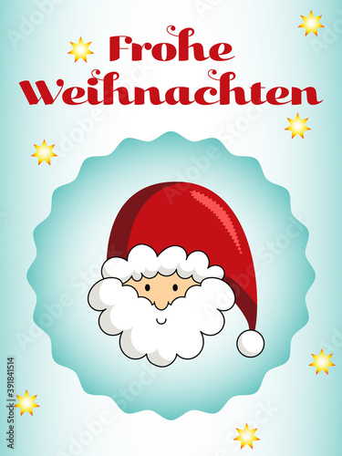 Karte für Weihnachten mit einem Kopf vom Weihnachtsmann mit roter Mütze und Text Frohe Weihnachten auf blauem Hintergrund mit Sternen